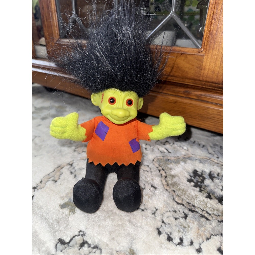 Russ Troll Doll Green Boy Black Straight Hair Orange Shirt Black Pants 5in Plush
